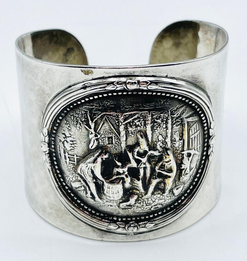 Hammered Repousse Cuff Bracelet J. Th. S. Denmark Silver Plate 1970s MCM Vintage